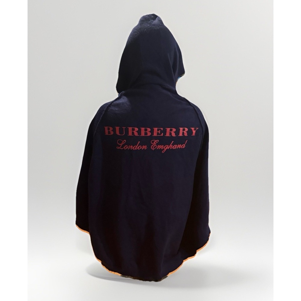 Burberry London Cashmere Hooded Cape Poncho Jacket Women's Navy Red Script $3650
